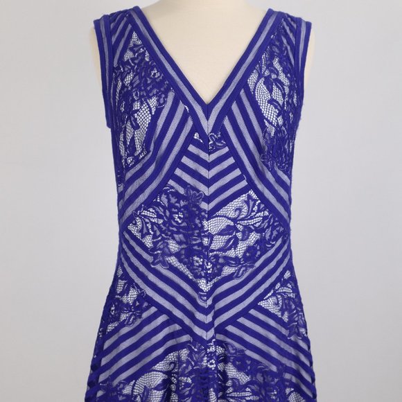 ❄ Tadashi Royal Blue Lace Illusion Floral Dress Party Wedding Formal Sheer - Picture 3 of 6